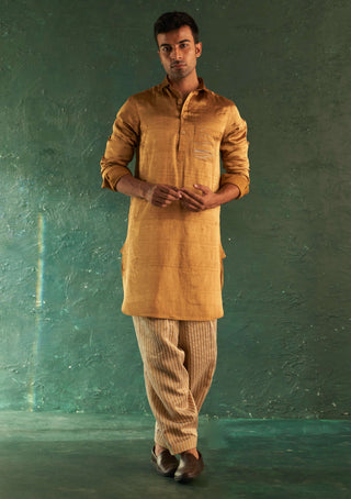 Charkhee Men-Gold Classic Silk Tissue Kurta And Salwar-INDIASPOPUP.COM