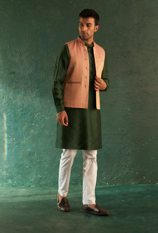 Charkhee Men-Green Straight Kurta And Pink Nehru Jacket Set-INDIASPOPUP.COM