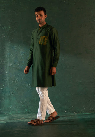 Charkhee Men-Green Straight Kurta And Pink Nehru Jacket Set-INDIASPOPUP.COM