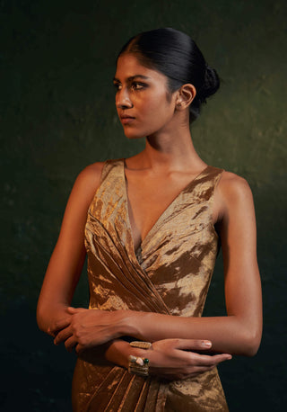 Charkhee-Gold Tissue Drape Dress-INDIASPOPUP.COM