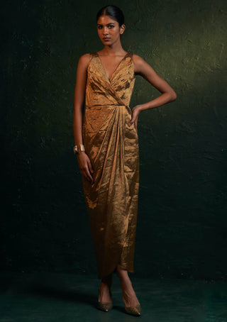 Charkhee-Gold Tissue Drape Dress-INDIASPOPUP.COM