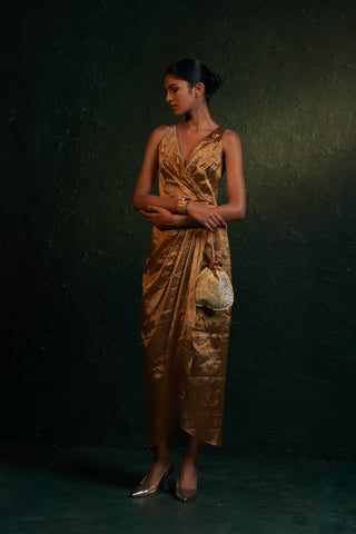 Charkhee-Gold Tissue Drape Dress-INDIASPOPUP.COM