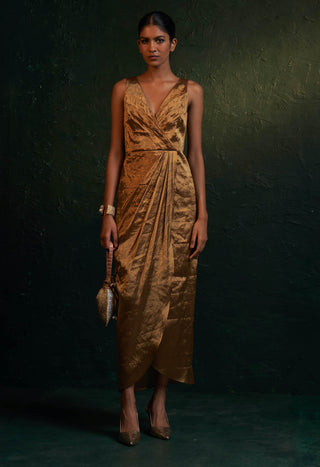 Charkhee-Gold Tissue Drape Dress-INDIASPOPUP.COM