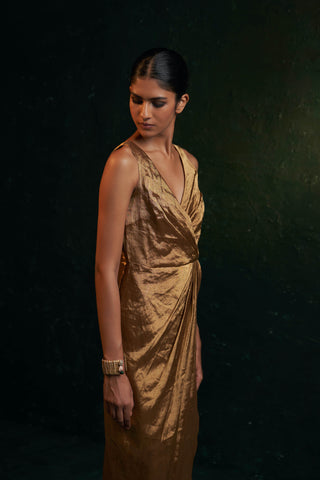 Charkhee-Gold Tissue Drape Dress-INDIASPOPUP.COM