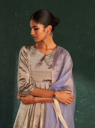 Charkhee-Silver Gathered Kurta Set-INDIASPOPUP.COM