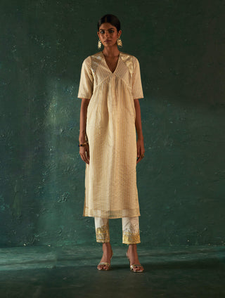 Charkhee-Off-White Tissue Striped Kurta Set-INDIASPOPUP.COM