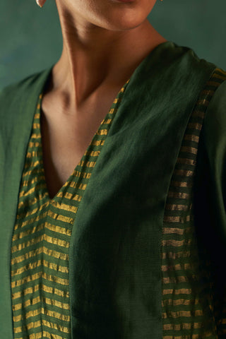 Charkhee-Deep Green Stripes Kurta Set-INDIASPOPUP.COM