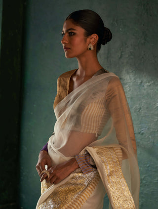 Charkhee-Off-White Gota Sari And Blouse-INDIASPOPUP.COM