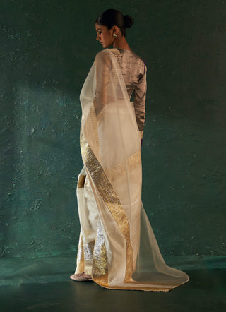 Charkhee-Off-White Gota Sari And Blouse-INDIASPOPUP.COM