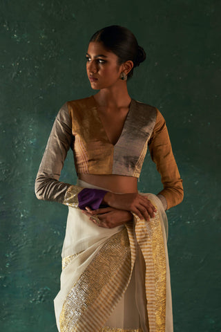 Charkhee-Off-White Gota Sari And Blouse-INDIASPOPUP.COM