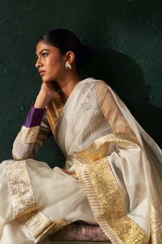 Charkhee-Off-White Gota Sari And Blouse-INDIASPOPUP.COM