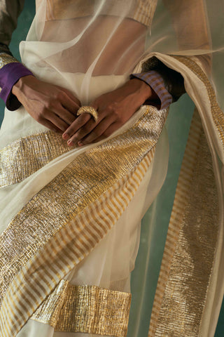 Charkhee-Off-White Gota Sari And Blouse-INDIASPOPUP.COM