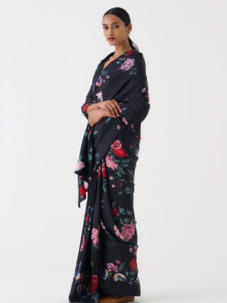 Dot-Bloome Black Habutai Sari And Unstitched Blouse-INDIASPOPUP.COM