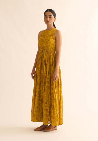 Dot-Aswini Yellow Print Anarkali Dress-INDIASPOPUP.COM
