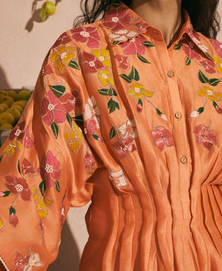 Orange bougainvillea pleated dress