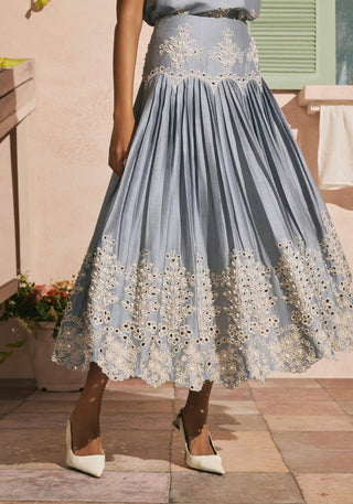 Powder blue contrast cutwork pleated skirt