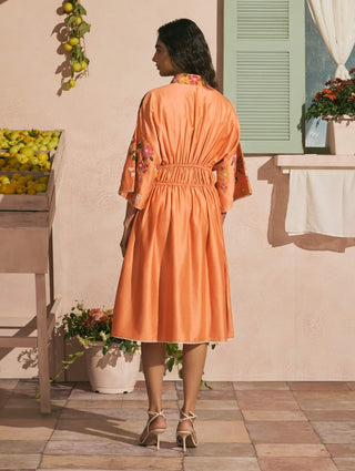 Orange bougainvillea pleated dress