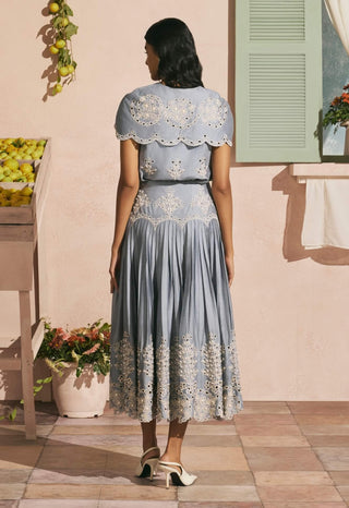 Powder blue contrast cutwork pleated skirt