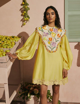 Butter yellow short dress with tulip cape