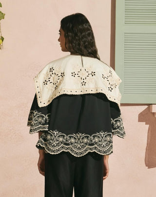 Black contrast cutwork collar top