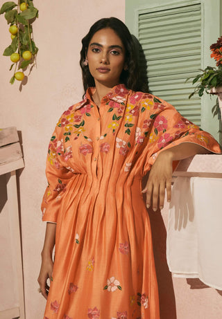 Orange bougainvillea pleated dress