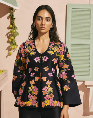 Black bougainvillea pleated jacket