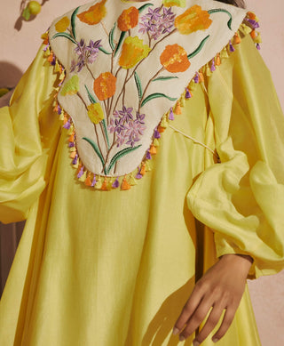 Butter yellow short dress with tulip cape