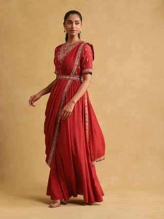 Ritu Kumar-Rust Embroidered Draped Sari Set-INDIASPOPUP.COM