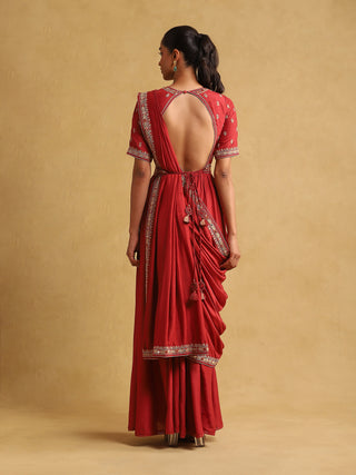 Ritu Kumar-Rust Embroidered Draped Sari Set-INDIASPOPUP.COM