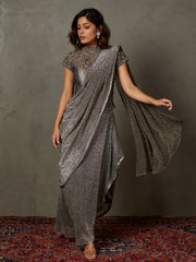 Black and grey zardozi draped sari set