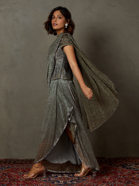 Black and grey zardozi draped sari set