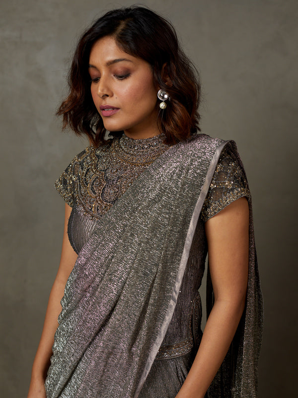 Black and grey zardozi draped sari set