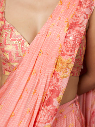 Ri.Ritu Kumar-Coral Embroidered Sari And Stitched Blouse-INDIASPOPUP.COM