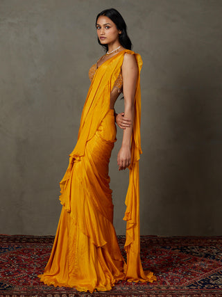 Ri.Ritu Kumar-Mustard Yellow Iraa Sari And Stitched Blouse-INDIASPOPUP.COM