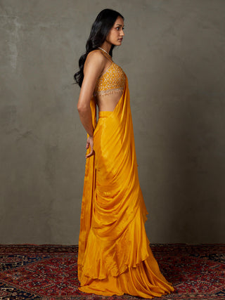 Ri.Ritu Kumar-Mustard Yellow Iraa Sari And Stitched Blouse-INDIASPOPUP.COM