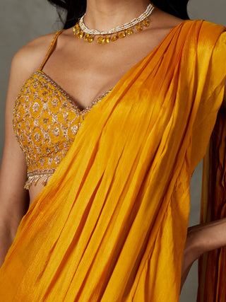 Ri.Ritu Kumar-Mustard Yellow Iraa Sari And Stitched Blouse-INDIASPOPUP.COM