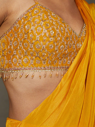 Ri.Ritu Kumar-Mustard Yellow Iraa Sari And Stitched Blouse-INDIASPOPUP.COM