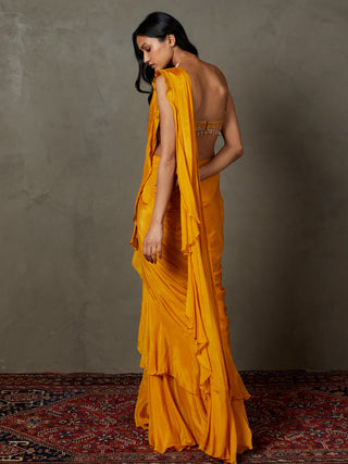 Ri.Ritu Kumar-Mustard Yellow Iraa Sari And Stitched Blouse-INDIASPOPUP.COM