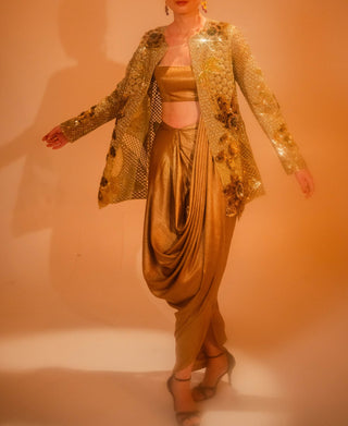 Gold Geode Jacket And Draped Skirt Set by Taali available on Indiaspopup.com