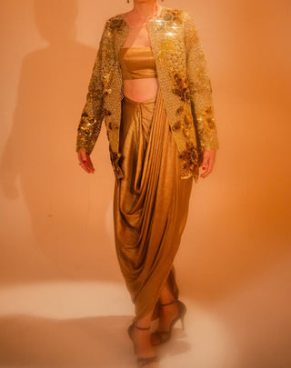 Gold Geode Jacket And Draped Skirt Set by Taali available on Indiaspopup.com