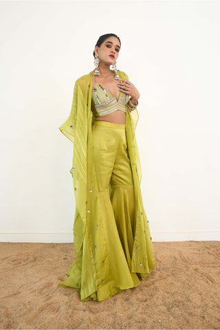 Syreni Lime Green Cape And Pant Set by Rishi & Vibhuti available on Indiaspopup.com