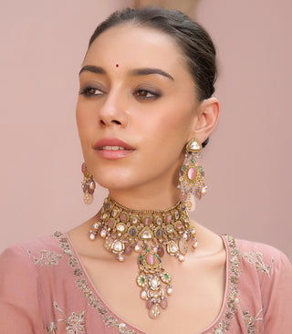 Isha pink polki choker and earrings