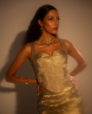 Lumina Gold Corset And Crushed Skirt by Taali available on Indiaspopup.com