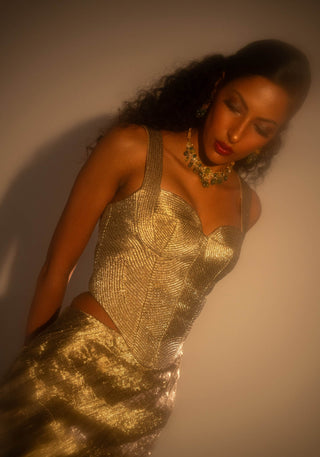 Lumina Gold Corset And Crushed Skirt by Taali available on Indiaspopup.com