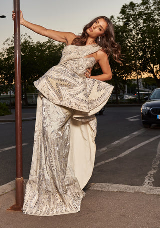 Ivory Glass Organza One-Shoulder Gown by Jigar And Nikita, available on Indiaspopup.com