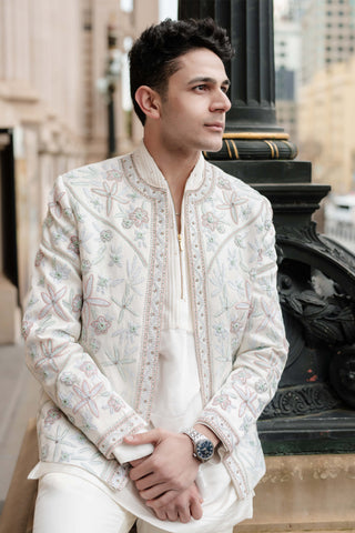 White Dahlia Short Jacket Set by Jatin Malik available on Indiaspopup.com