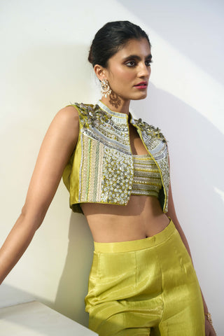 Taysa Green Short Jacket And Gharara Set by Rishi & Vibhuti available on Indiaspopup.com