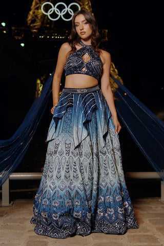 Blue Ombre Lehenga Set by Jigar And Nikita, available on Indiaspopup.com