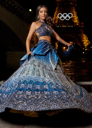 Blue Ombre Lehenga Set by Jigar And Nikita, available on Indiaspopup.com