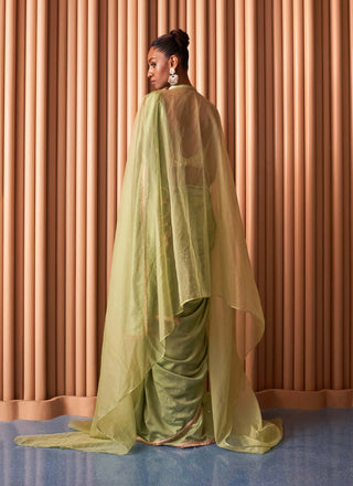 Rishi & Vibhuti-Sheen Green Sari And Cape Set-INDIASPOPUP.COM